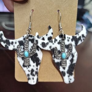 Cow Print Bull Skull Earrings with Turquoise Accent